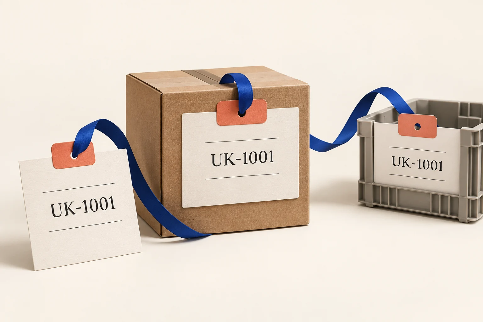 Matching illustrative UK-1001 references on an order card, parcel and warehouse tray.