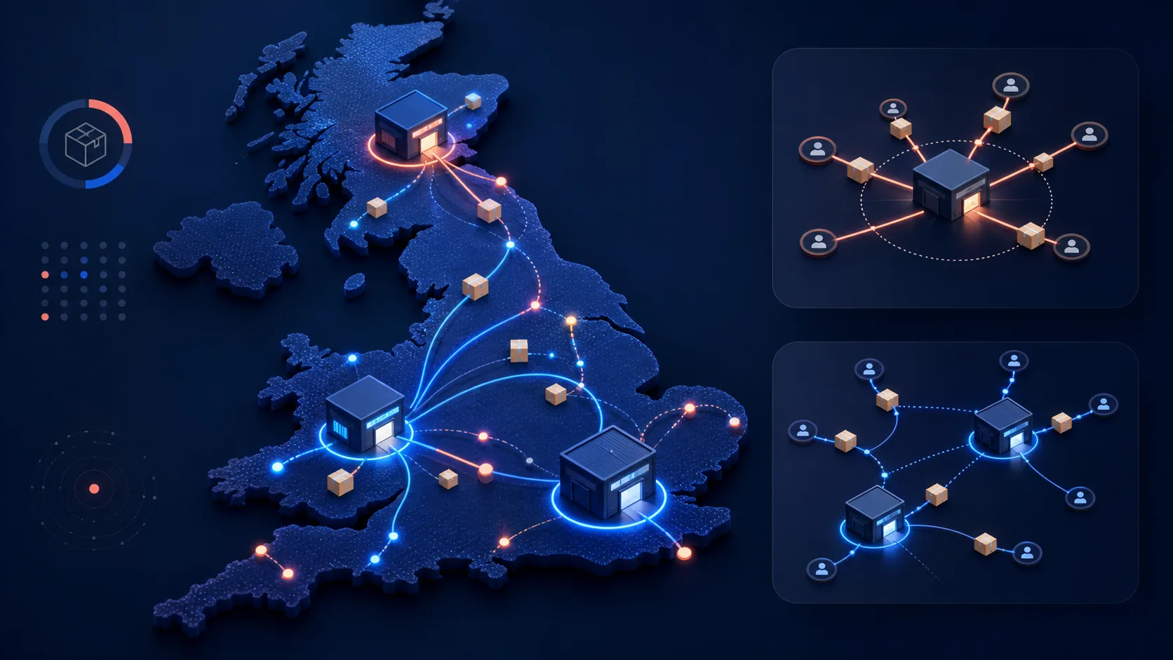 StoreBuilt Shopify order-routing visual connecting UK warehouses, stores, parcels, and consolidated fulfilment paths.