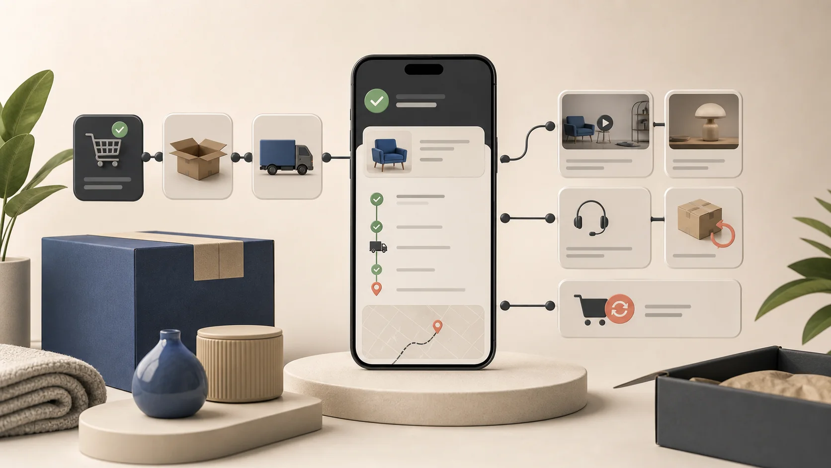 StoreBuilt Shopify order status page visual showing confirmation, fulfilment, tracking, product education, support, returns, and reorder paths.