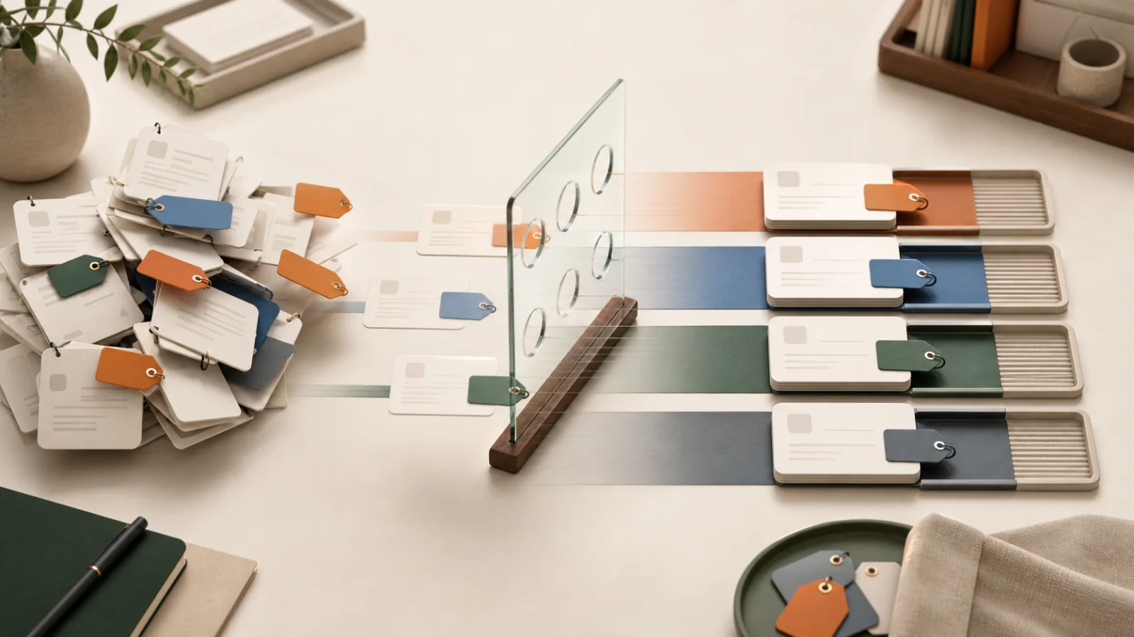 Disorganised ecommerce order tags passing through a controlled taxonomy into clear operational lanes.