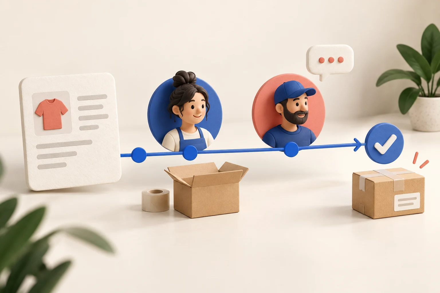 Order card connected to support and warehouse staff along a timeline ending in a confirmed handoff.