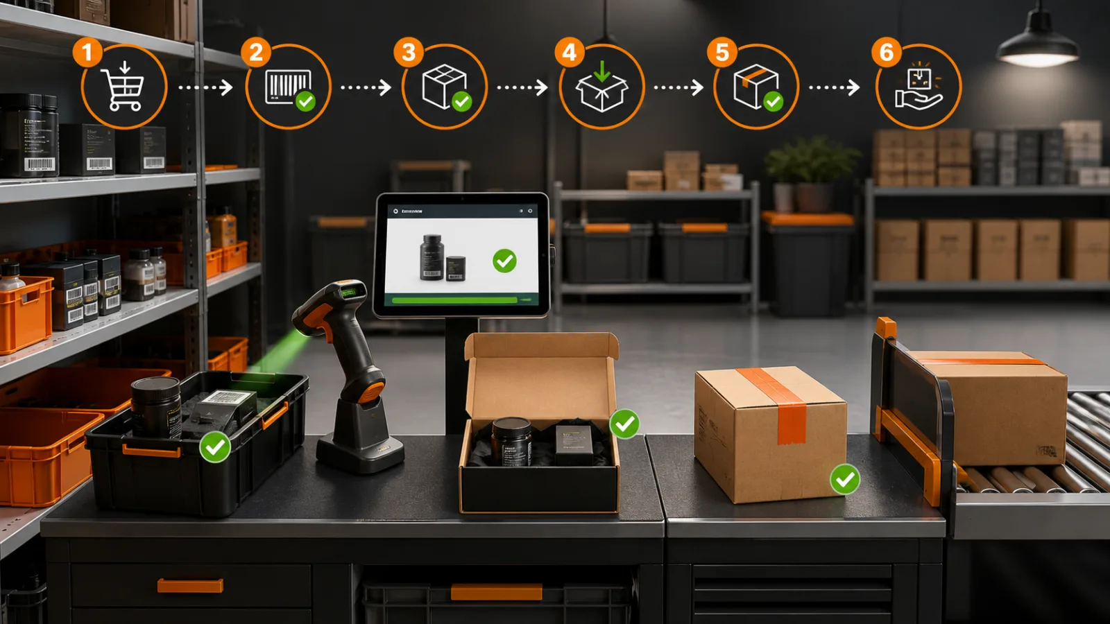 An ecommerce parcel moving through packaging choice, dimensional verification and carrier rating.