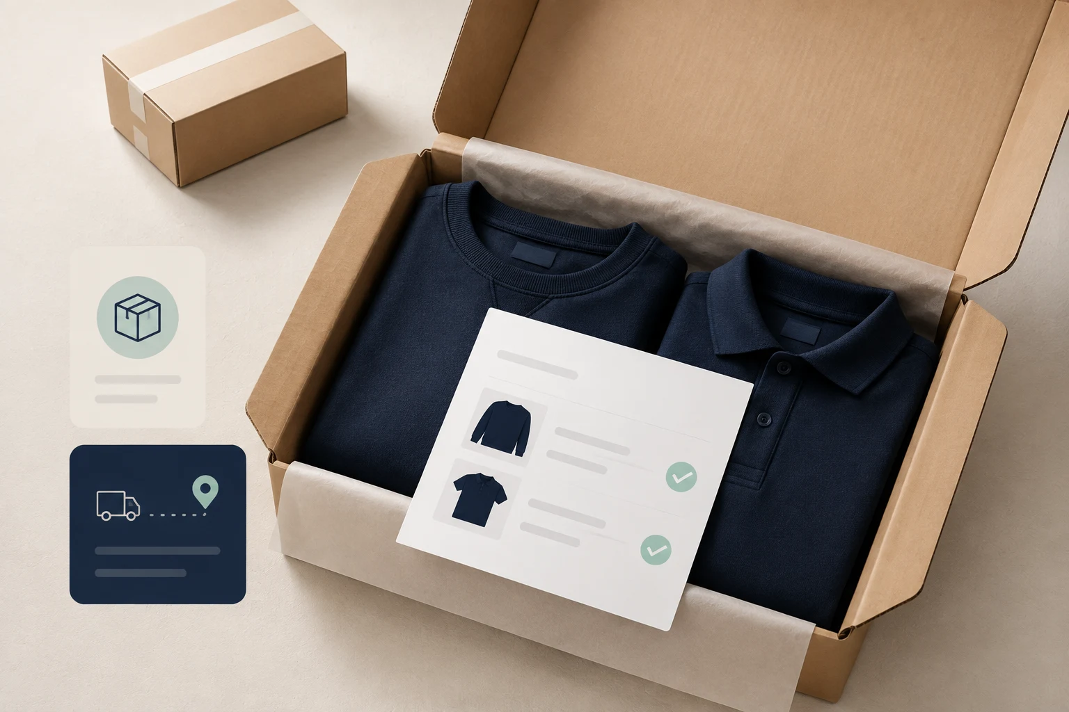 A parcel containing two garments sits beside a packing slip with matching item rows.