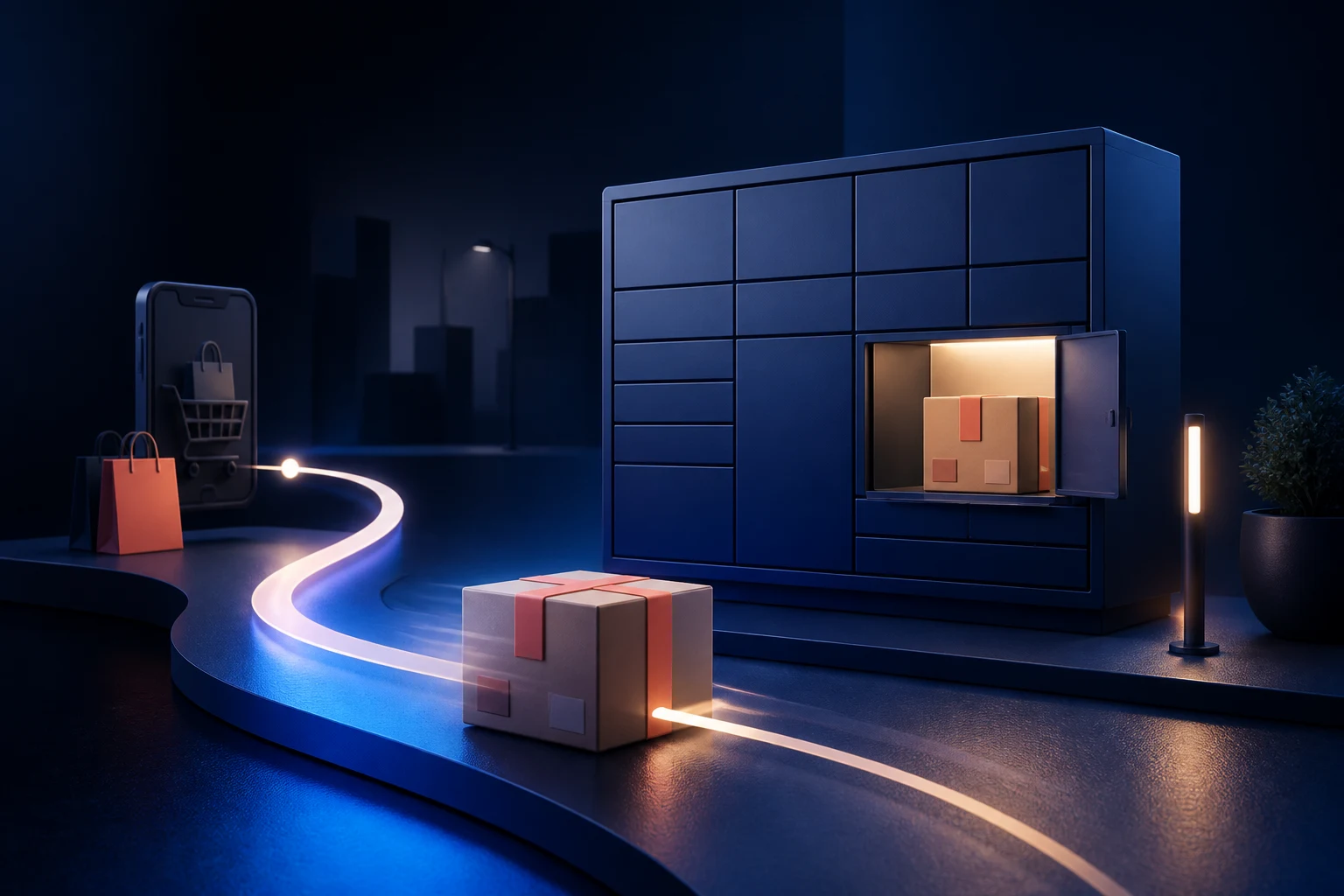 A parcel following a luminous ecommerce route into a secure UK collection locker.