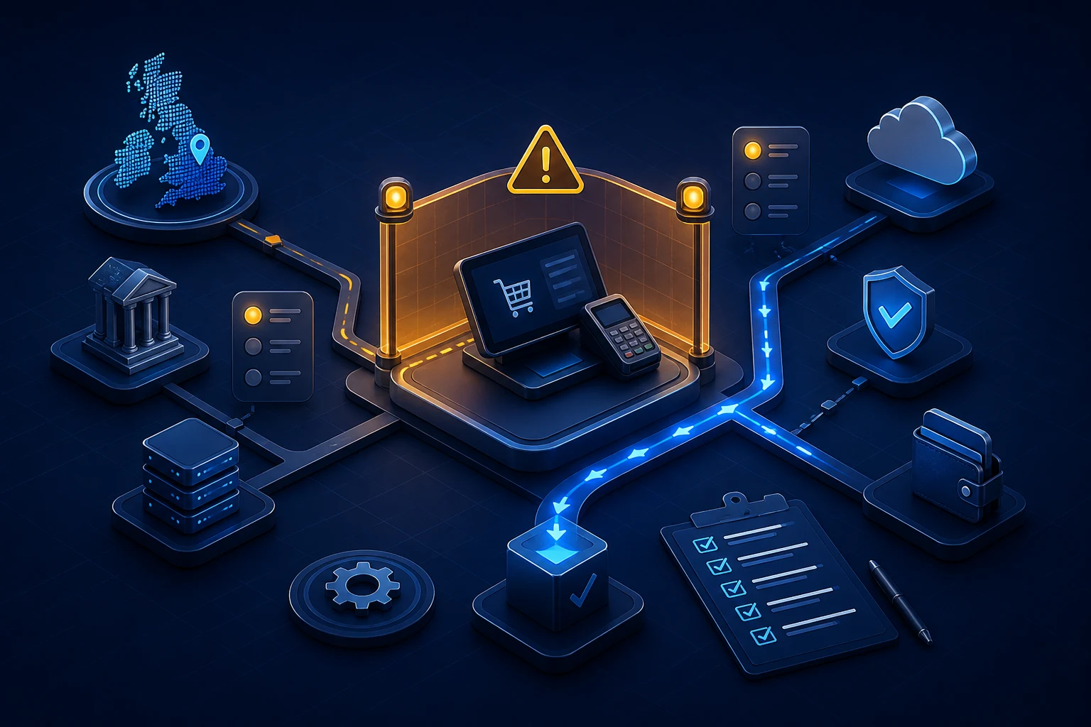 A UK ecommerce checkout incident routed through an amber payment stop into a controlled recovery and reconciliation path.