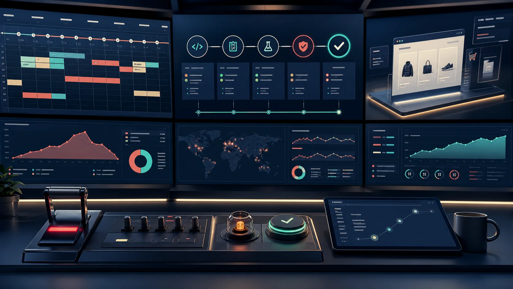 Shopify peak-season release governance command centre with deployment gates, checkout monitoring and rollback controls.