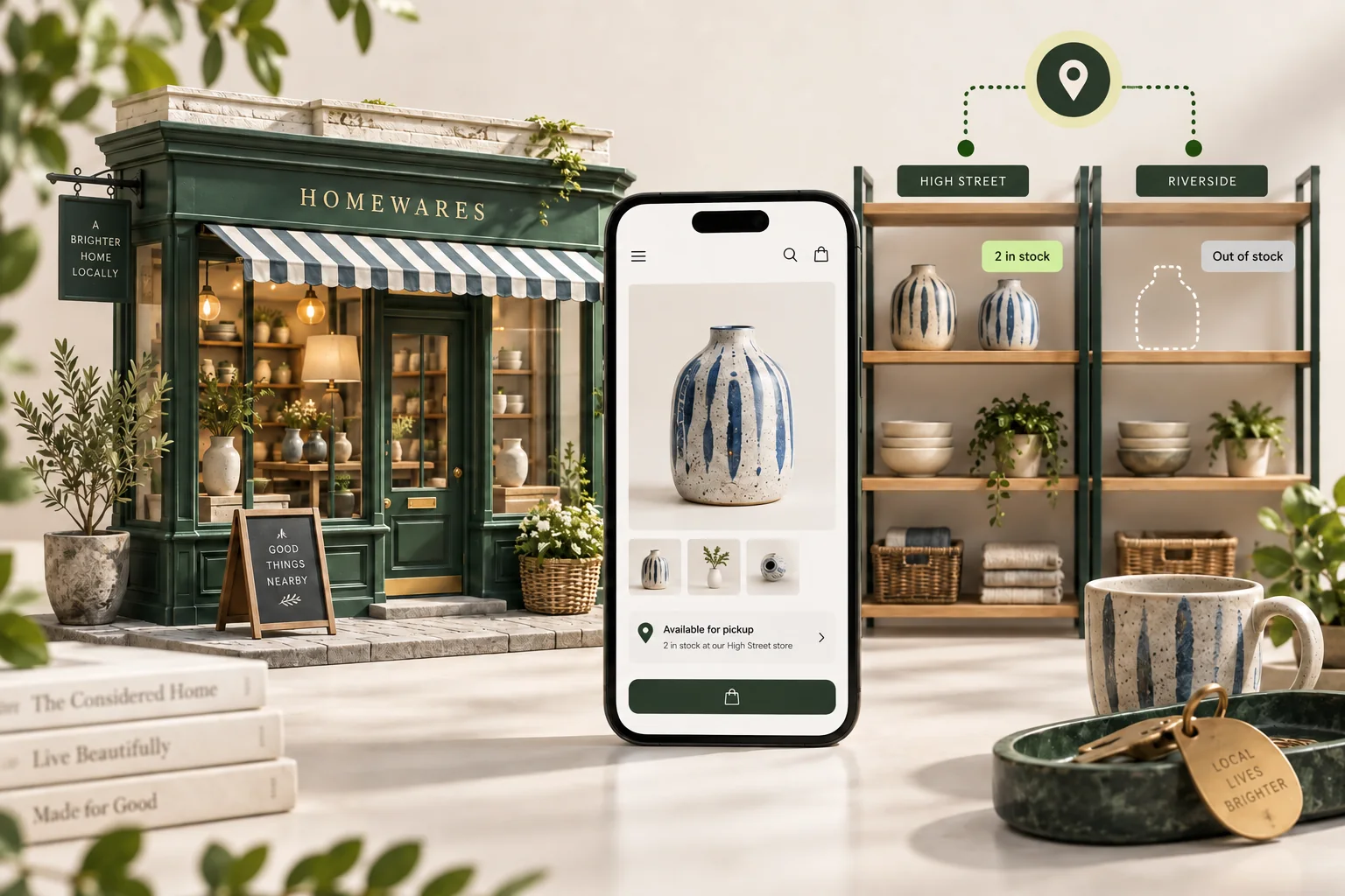 A UK homeware shop and product page compare pickup stock at two locations.