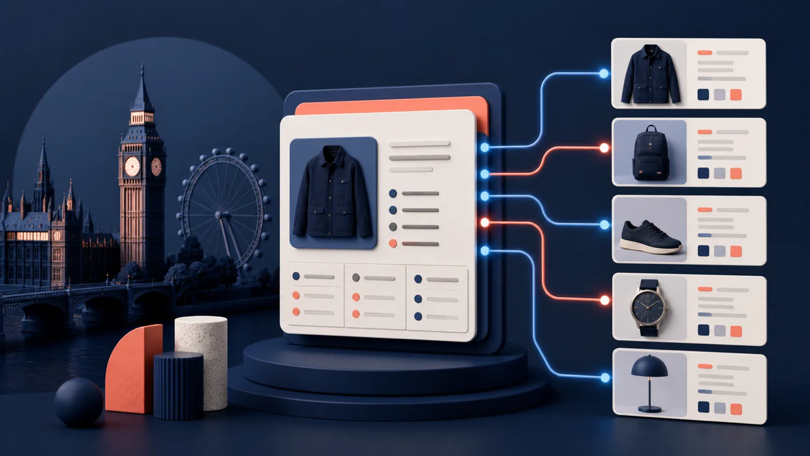 A central structured product record supplying consistent ecommerce product cards for several channels.