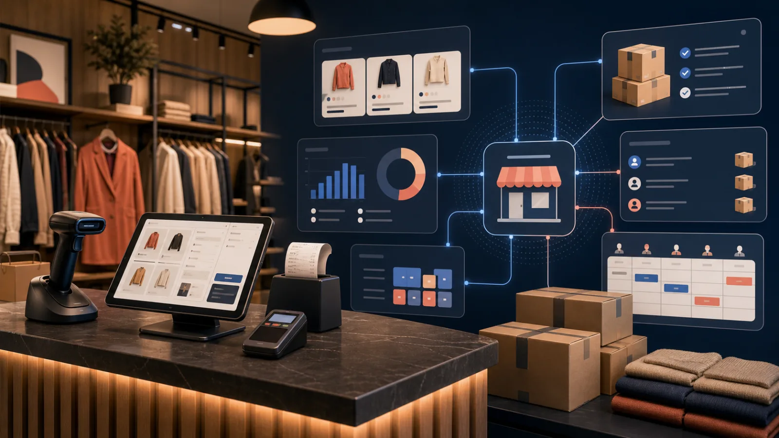 StoreBuilt Shopify POS total-cost visual connecting retail hardware, staff, inventory, online orders, fulfilment, and reporting.