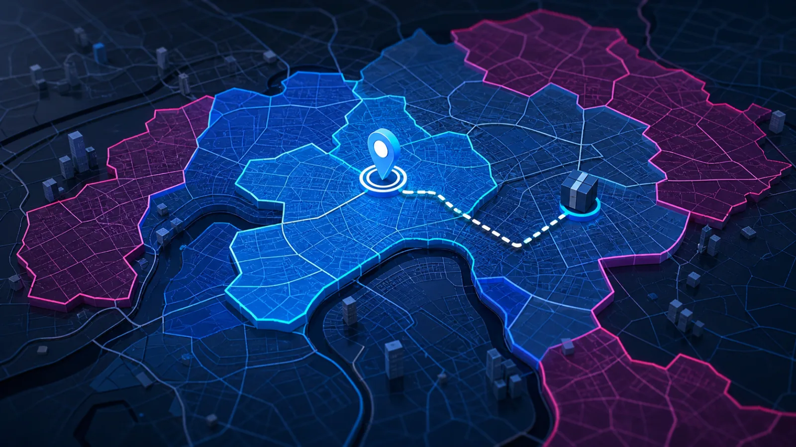 A layered UK delivery map showing postcode zones, checkout eligibility and parcel routing boundaries.