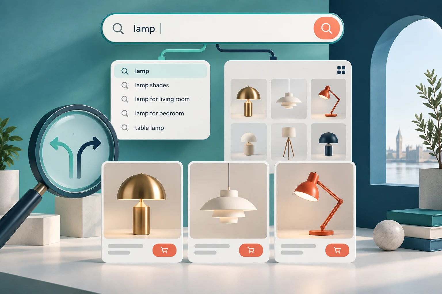 Conceptual search dropdown with three lamp products and a separate full-results path.