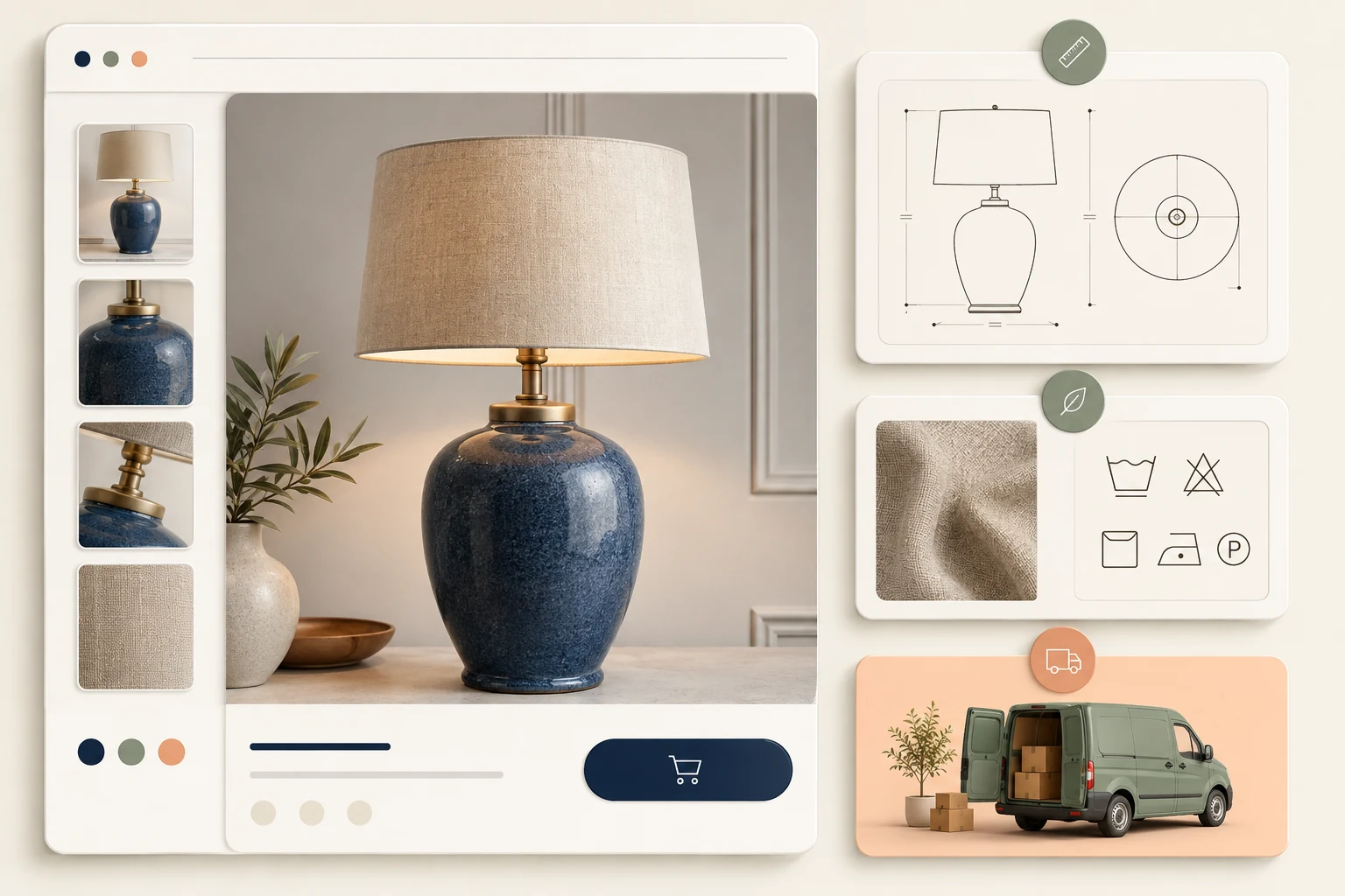 a premium ceramic lamp product page beside elegantly expanded information panels containing dimension diagrams, fabric care icons and a small delivery van, highly legible visual hierarchy.