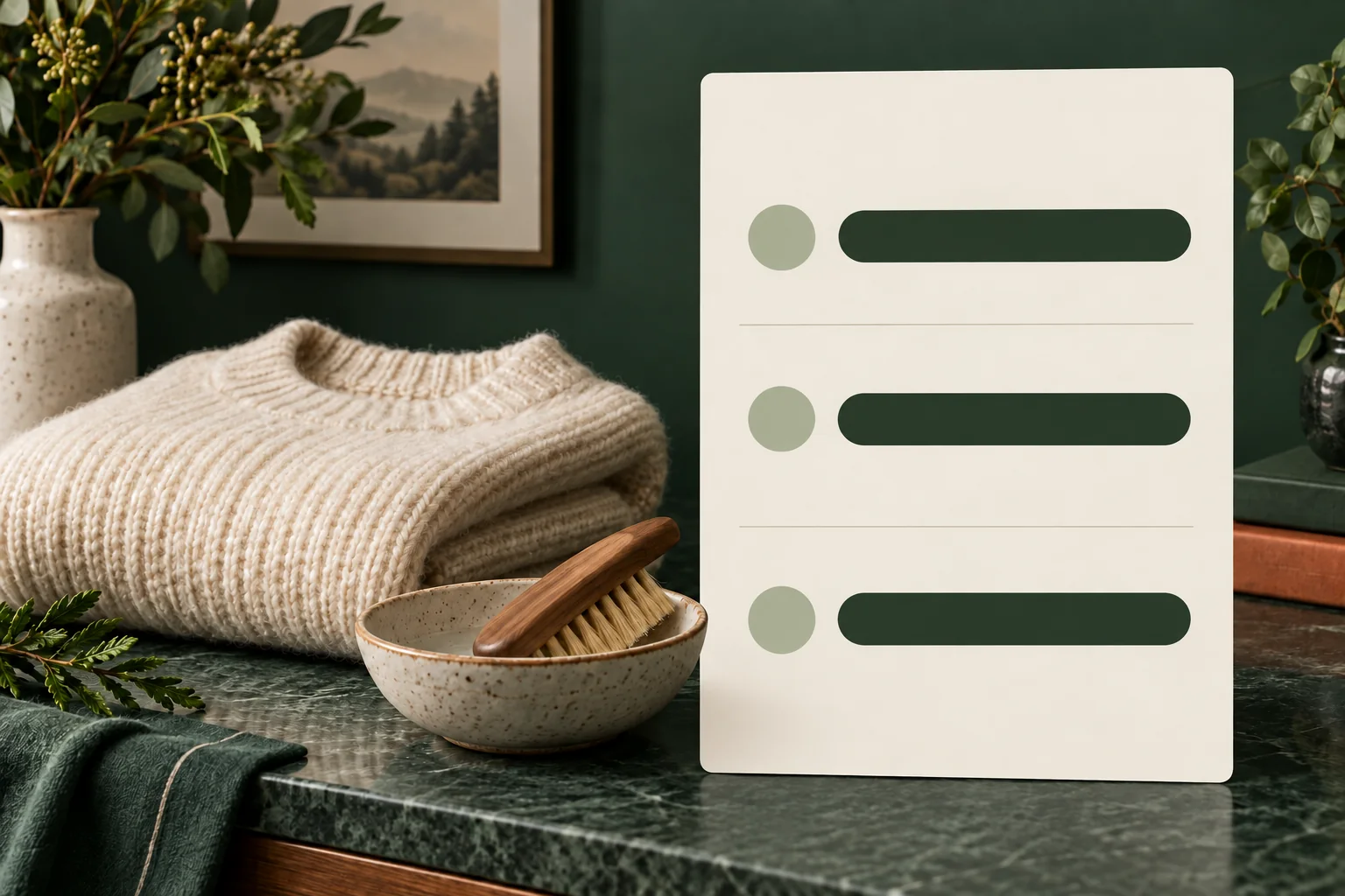 Knitwear, ceramic bowl and care brush beside an abstract product information panel.