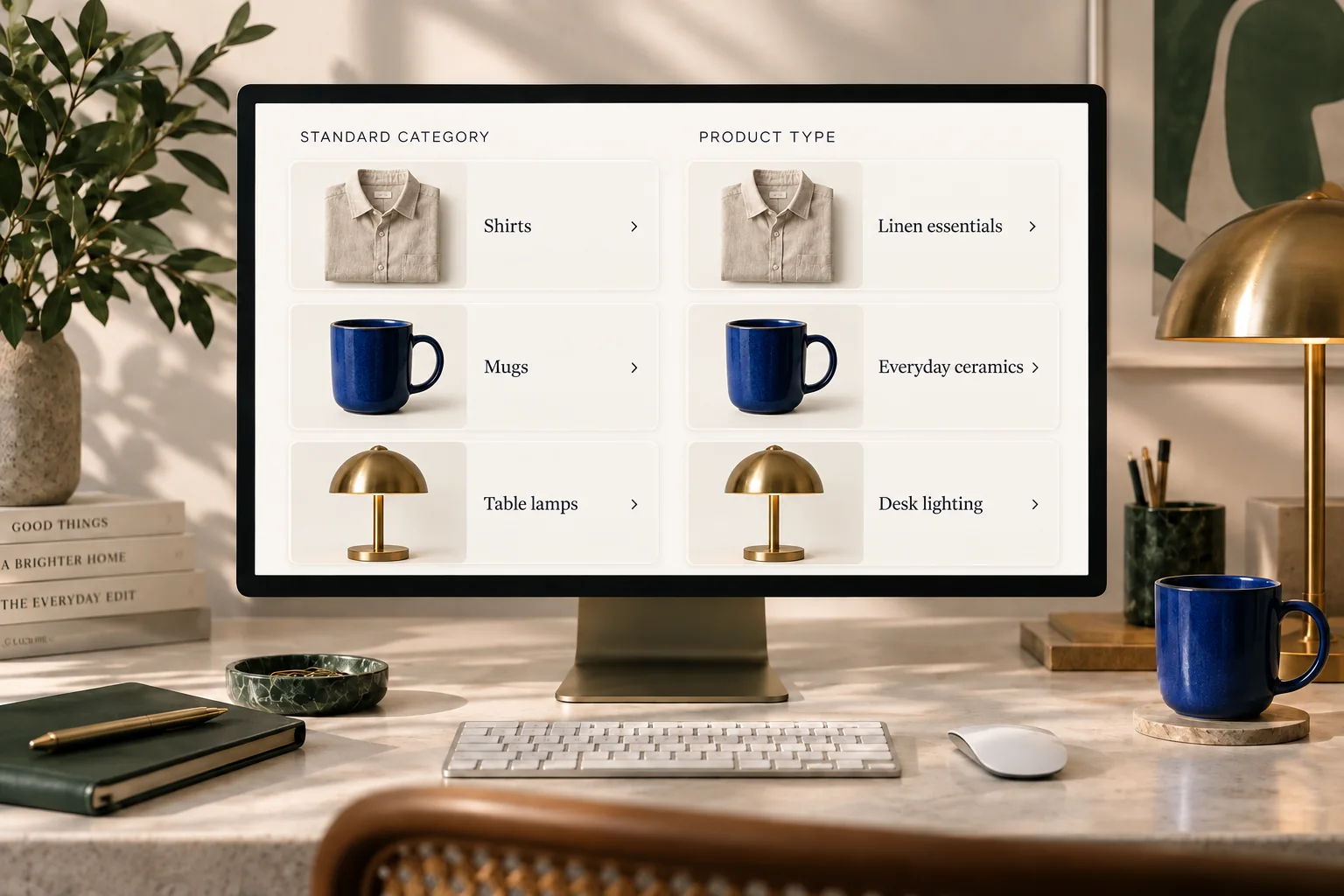 A catalogue screen compares standard categories with custom product types for shirts, mugs and lamps.