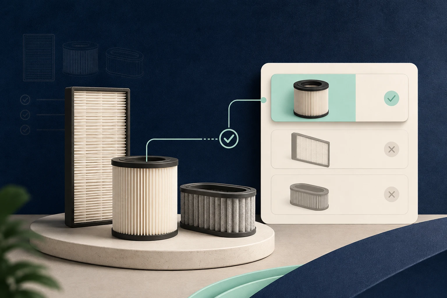 A model selector connects an appliance to a verified replacement filter while other shapes remain unselected.