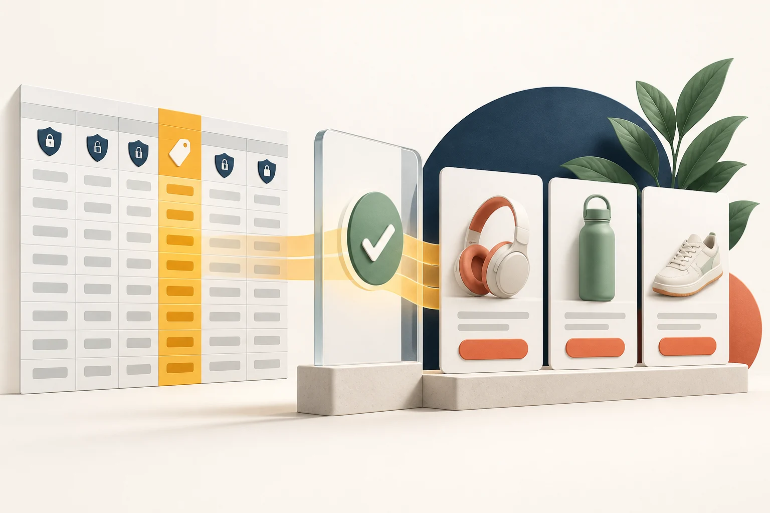 An elegant spreadsheet grid with one amber highlighted price column passing through a transparent verification gate into three neatly arranged product cards, remaining columns protected with subtle navy shields.