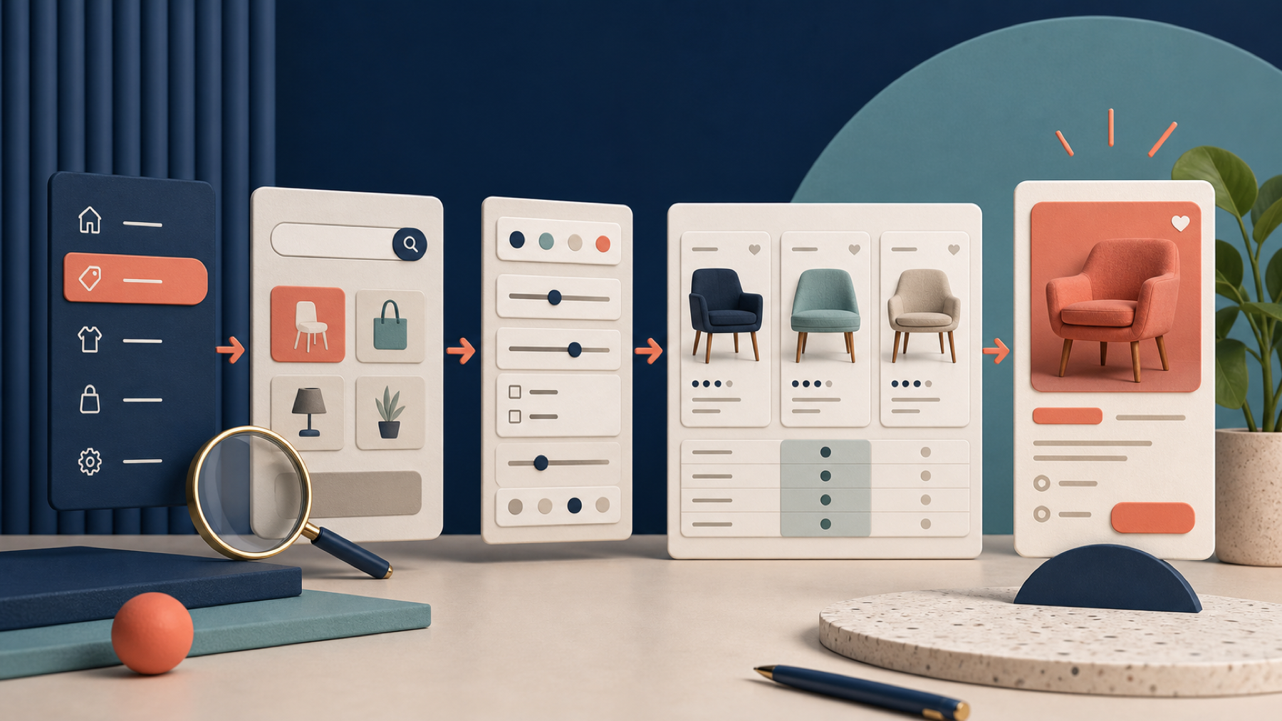 Shopify product discovery journey through navigation, search, filters, comparison and a selected product.
