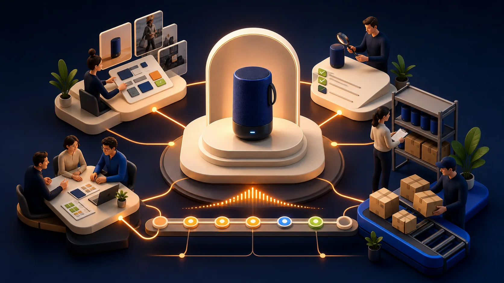StoreBuilt Shopify product launch operating system visual connecting a hero product with content, QA, inventory, campaigns, fulfilment, and launch owners.