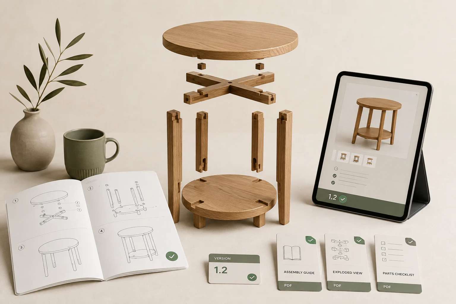 An oak side table with its matching assembly manual, document revision cards and a product-page tablet.