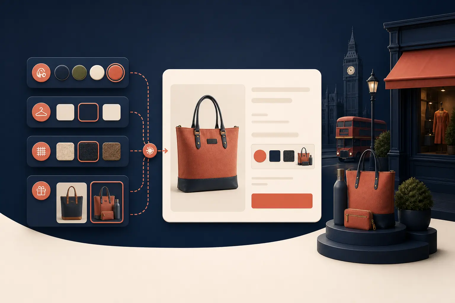 A modular Shopify product configurator connecting colour, material and add-on choices to one coherent product record.