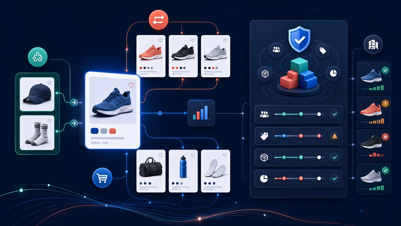 StoreBuilt Shopify product recommendation visual connecting complementary products, substitutes, inventory, and merchandising controls.