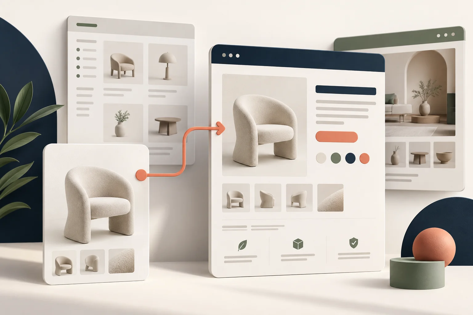 Three distinct product page layout cards, a sculptural chair product card being connected to the correct matching detailed layout, two other templates set behind, a clear visual assignment connector.