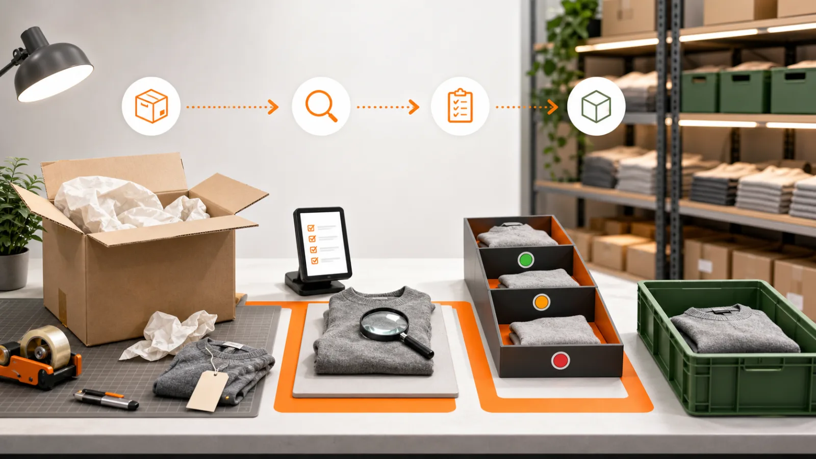 Supplier products moving through receipt, count, inspection and accepted Shopify inventory.