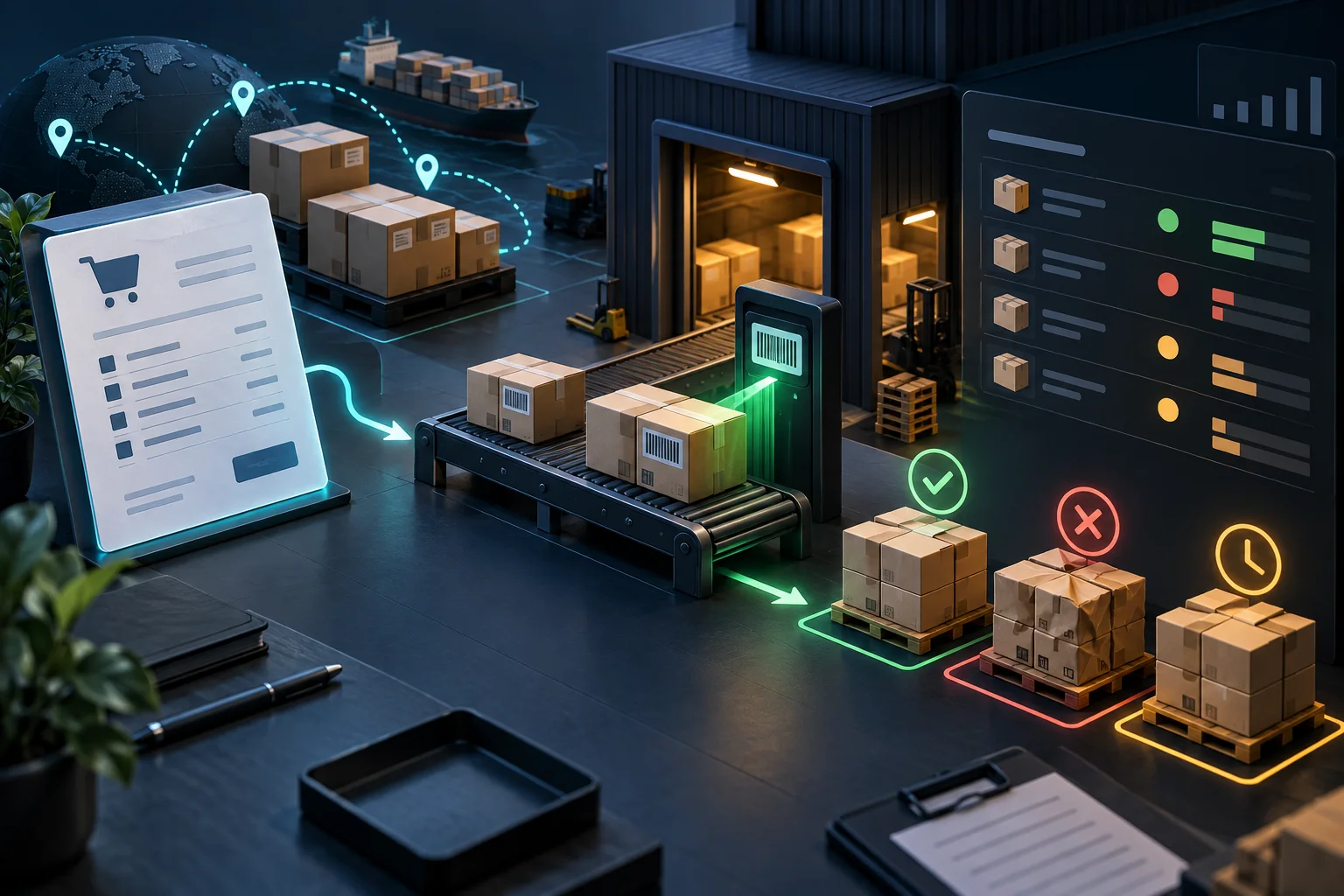 Supplier purchase order connects to barcode receiving and accepted, rejected and outstanding goods.