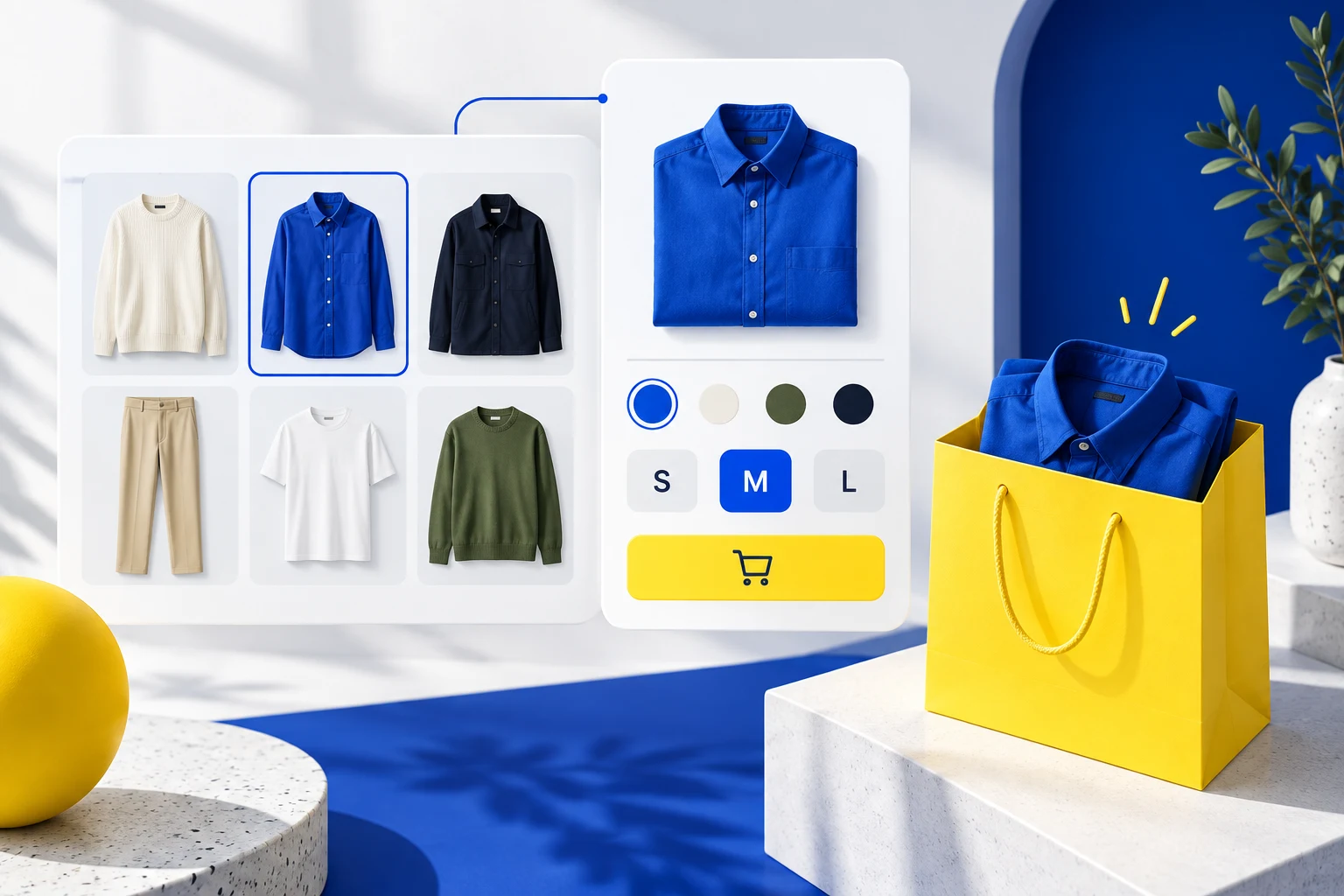 Blue shirt collection card with explicit size and colour choices leading into the shopping bag.