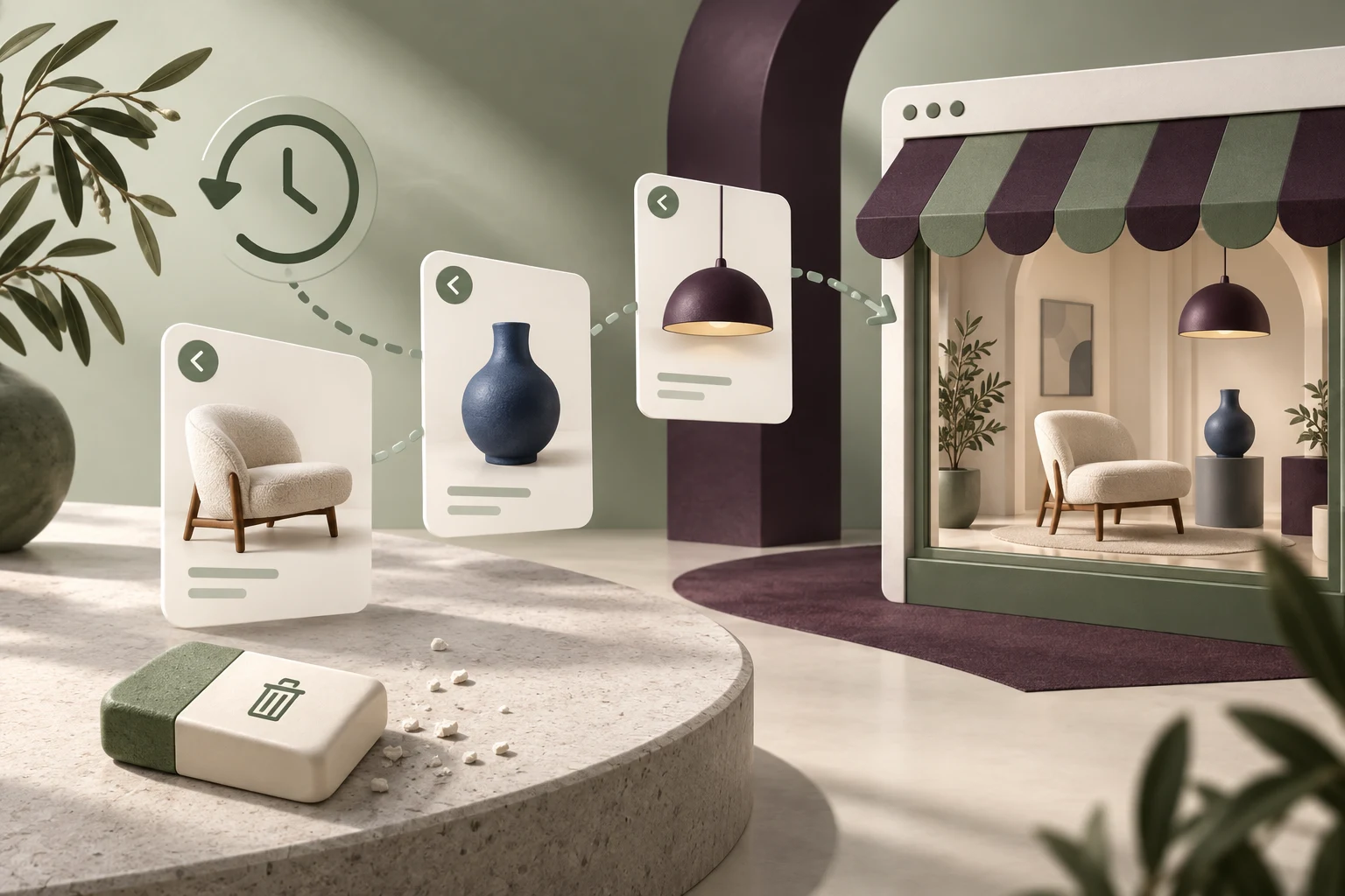 Previously viewed chair, vase and pendant light connected by a browsing history trail.