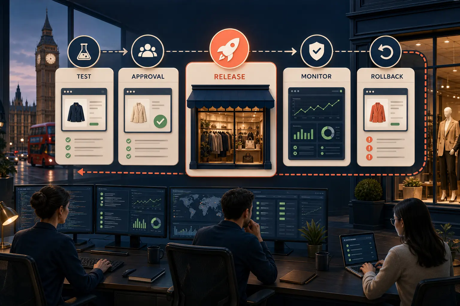 A Shopify release control room showing test, approval, launch, monitoring and rollback checkpoints.