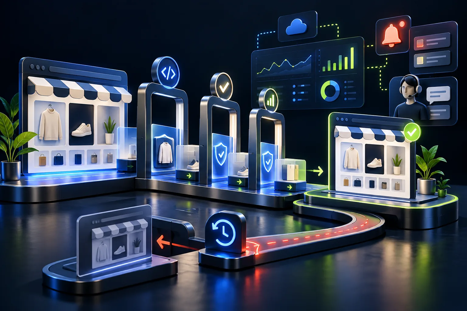 An ecommerce storefront protected by planned inventory checkpoints, supply signals and a clear replenishment path.