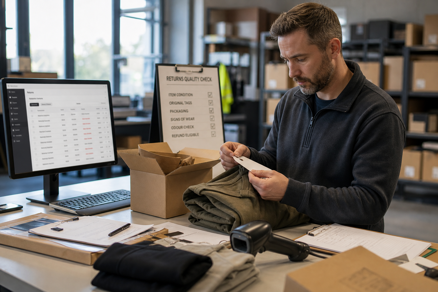 A UK ecommerce operations manager inspecting a returned parcel, garment tags, barcode data, and order evidence.