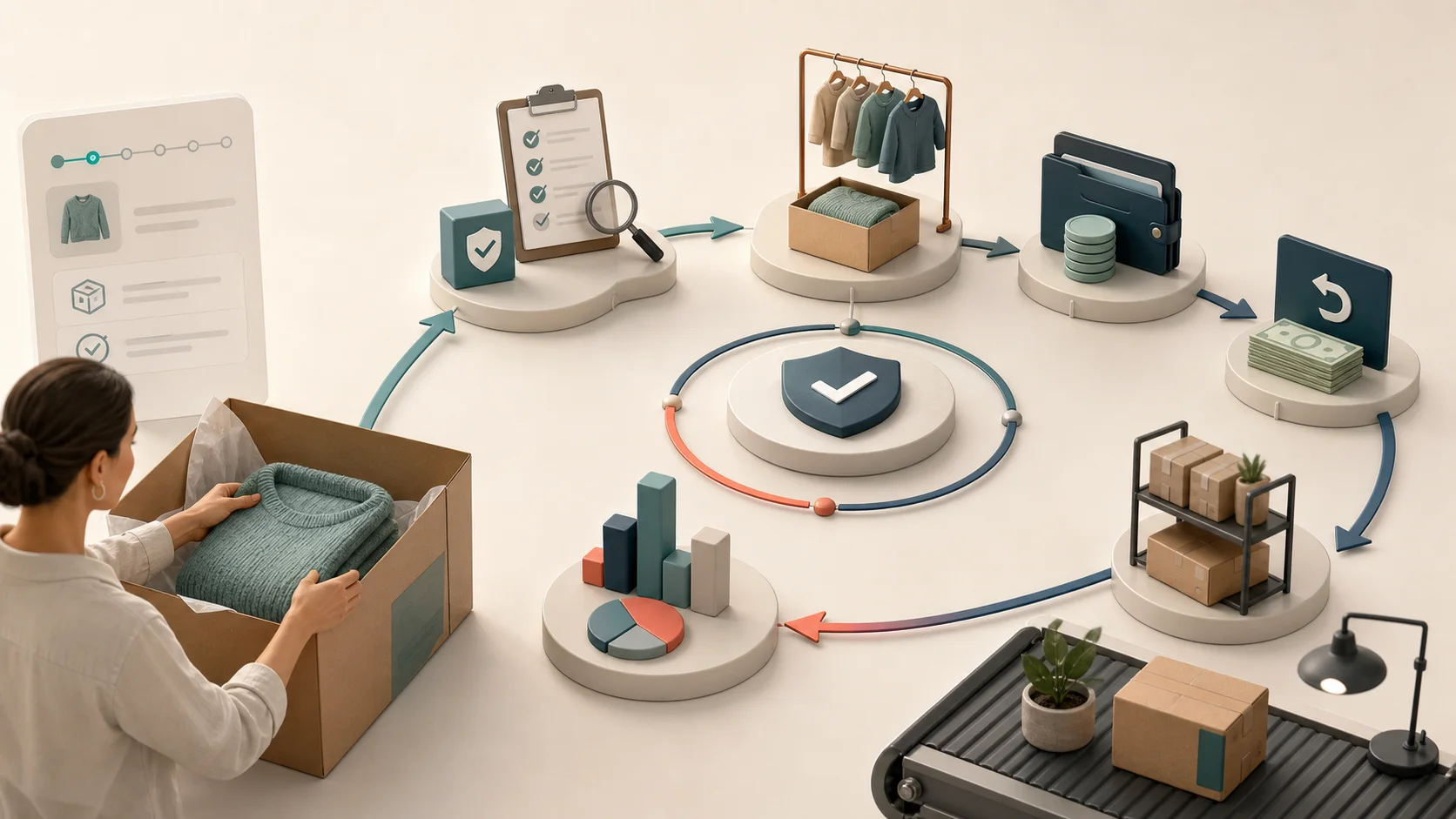 StoreBuilt Shopify returns portal visual showing eligibility, exchange, store credit, refund, restock, and returns insight pathways.