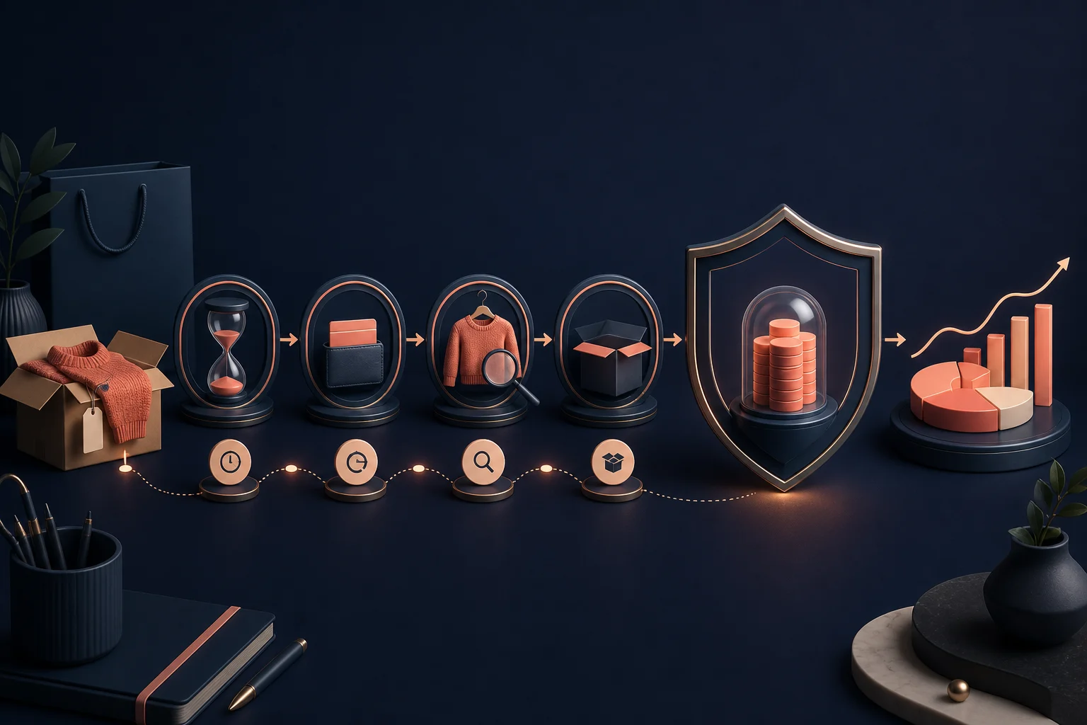 Shopify returns passing through timing, refund and product recovery checks into a protected ecommerce cash reserve forecast.
