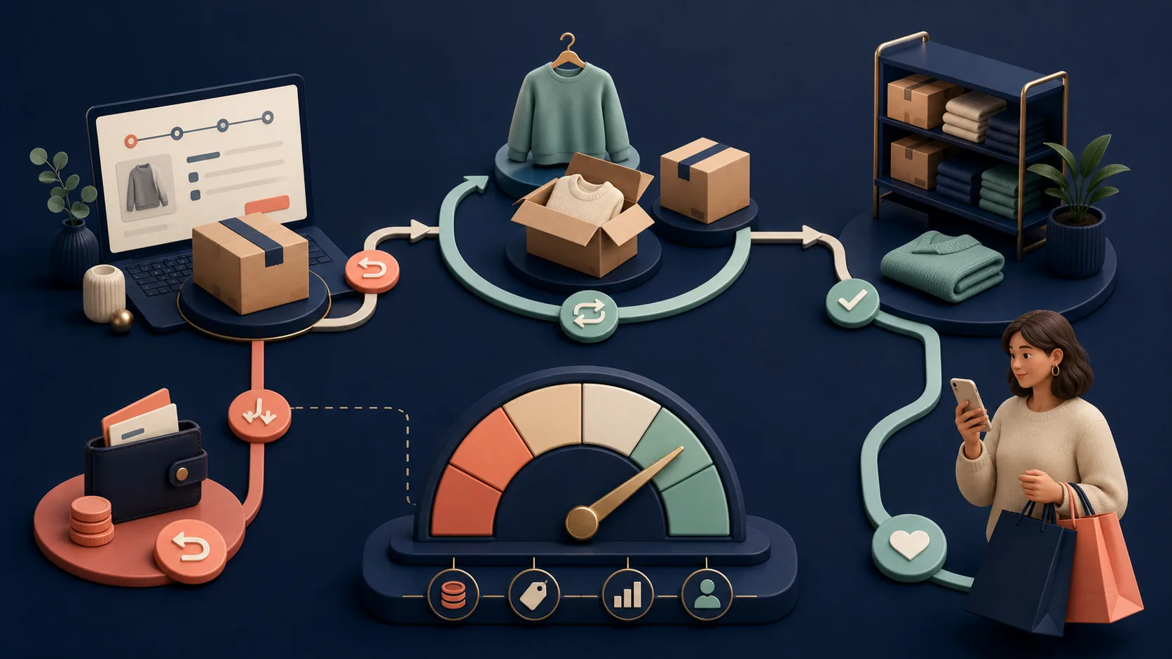 StoreBuilt Shopify exchange economics visual showing returns, refunds, exchanges, restocking, margin, and retained revenue.