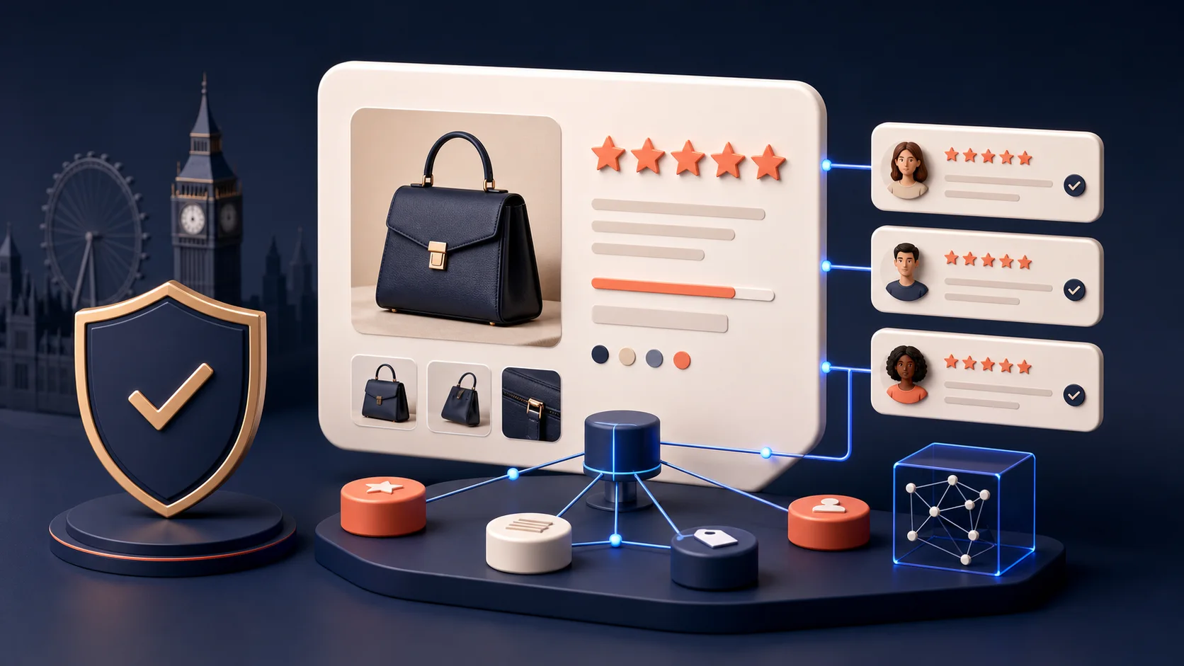 StoreBuilt Shopify review app migration visual connecting verified feedback, product records, trust data, and a replacement review platform.