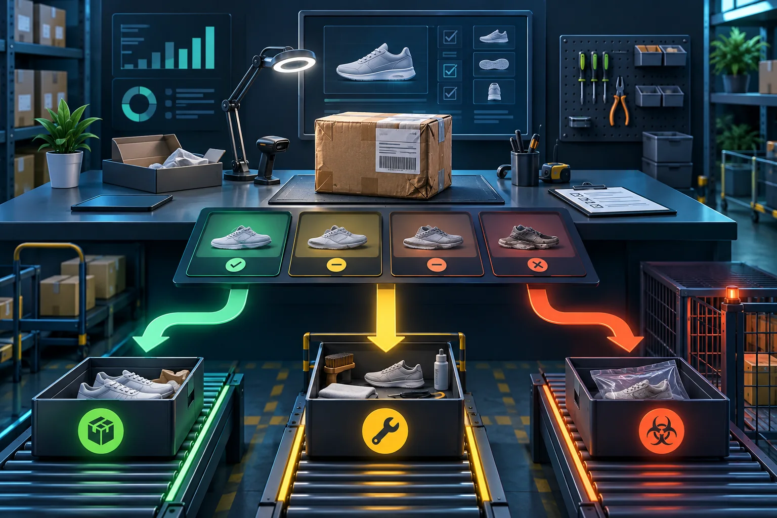 A returned parcel is inspected and routed to restock, repair or quarantine.