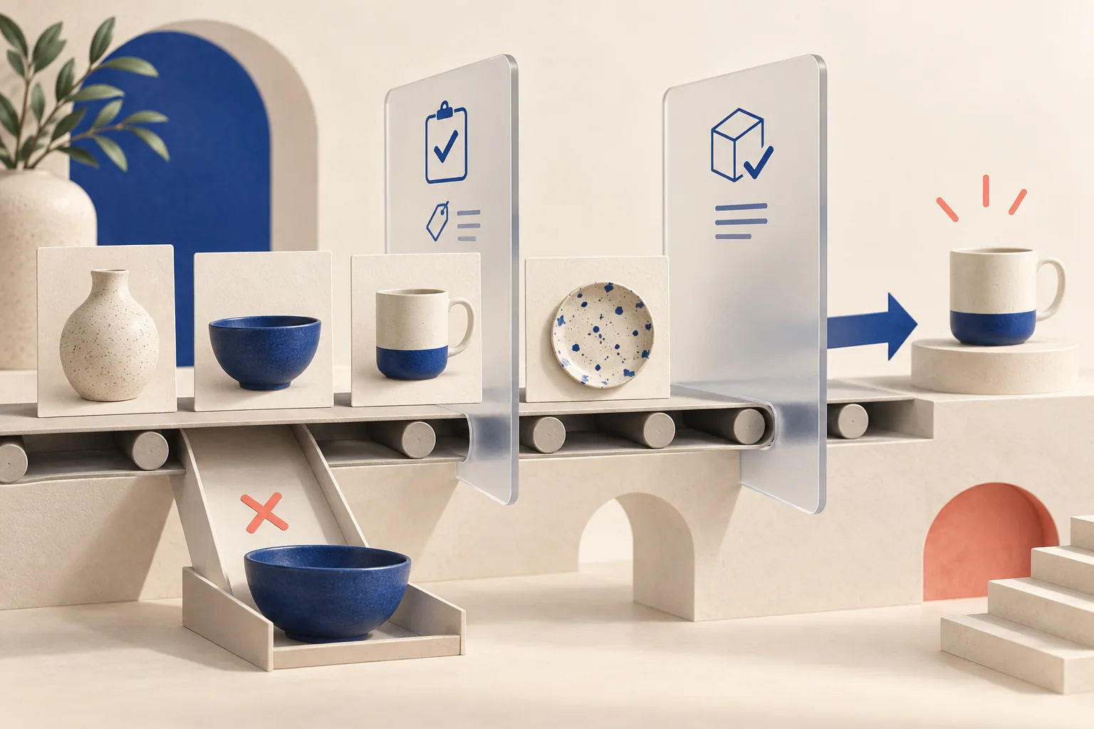 Ceramic products passing through two collection eligibility gates with a bowl excluded.