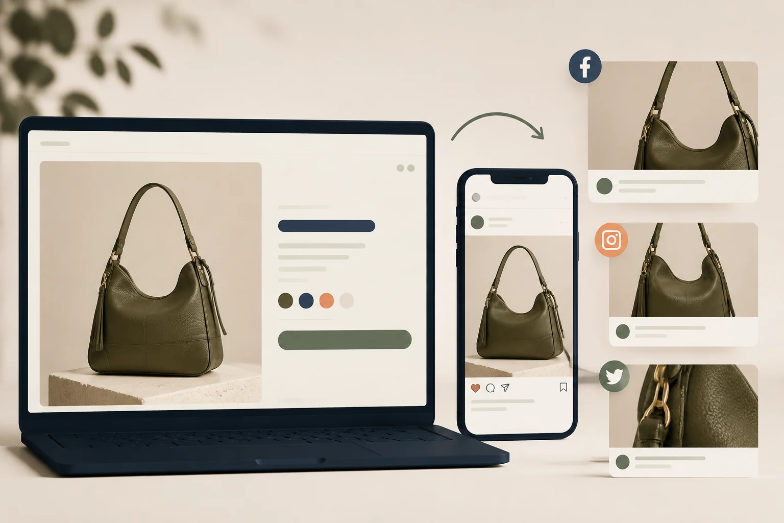one beautiful olive green handbag product page transforming into three crisp social sharing cards on smartphone and desktop, consistent same product photo in different crops.