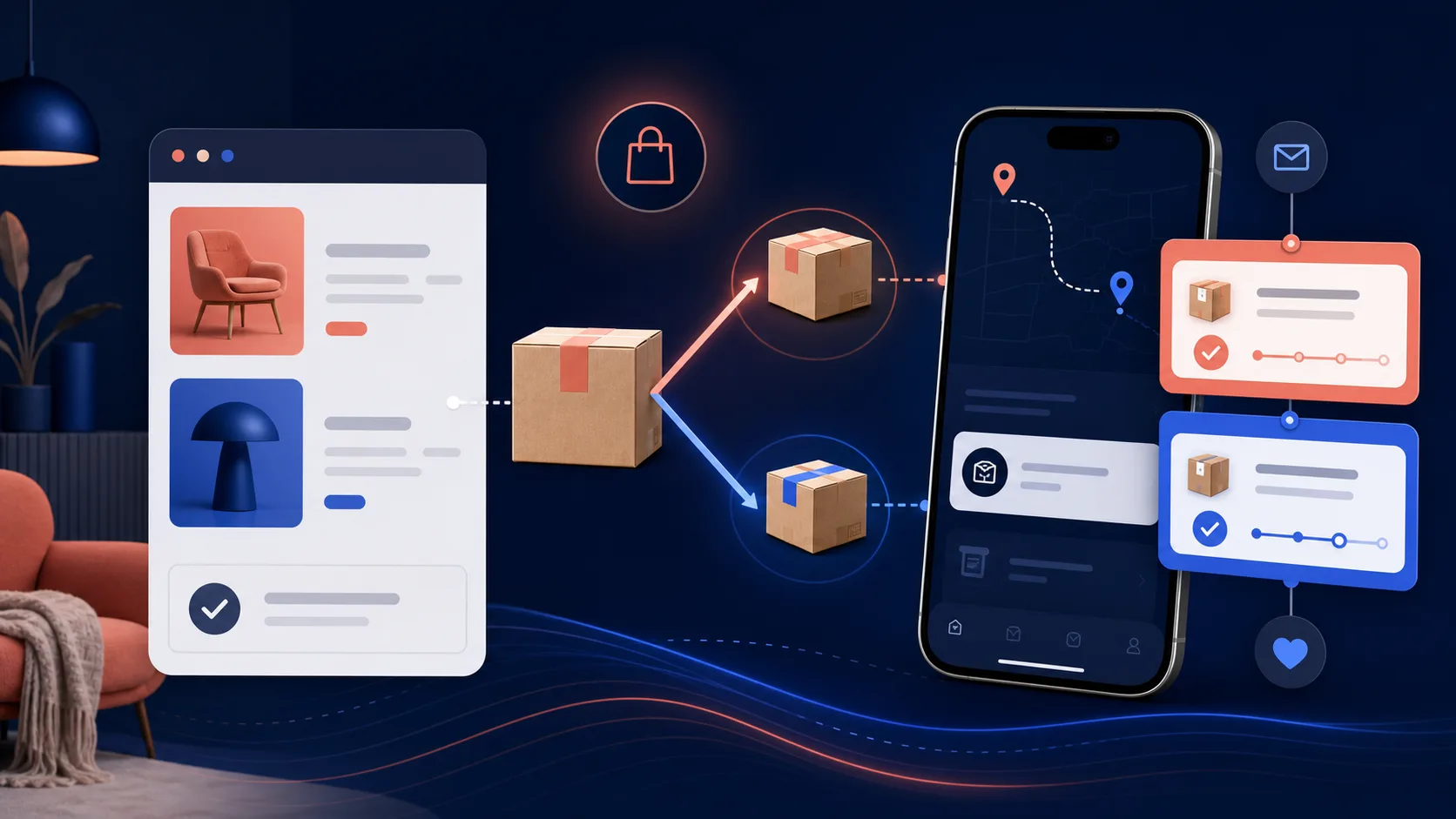 StoreBuilt Shopify split-shipment visual showing one order becoming two tracked parcels with unified communication.