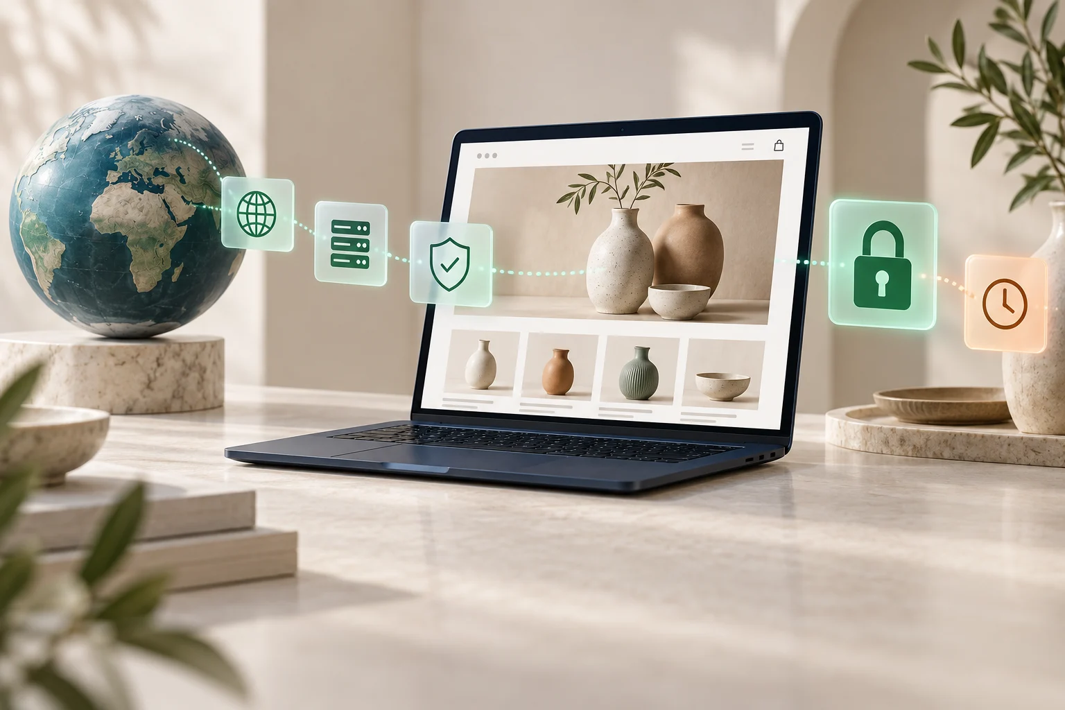 Storefront domain routing tiles and a padlock illustrate certificate provisioning checks.