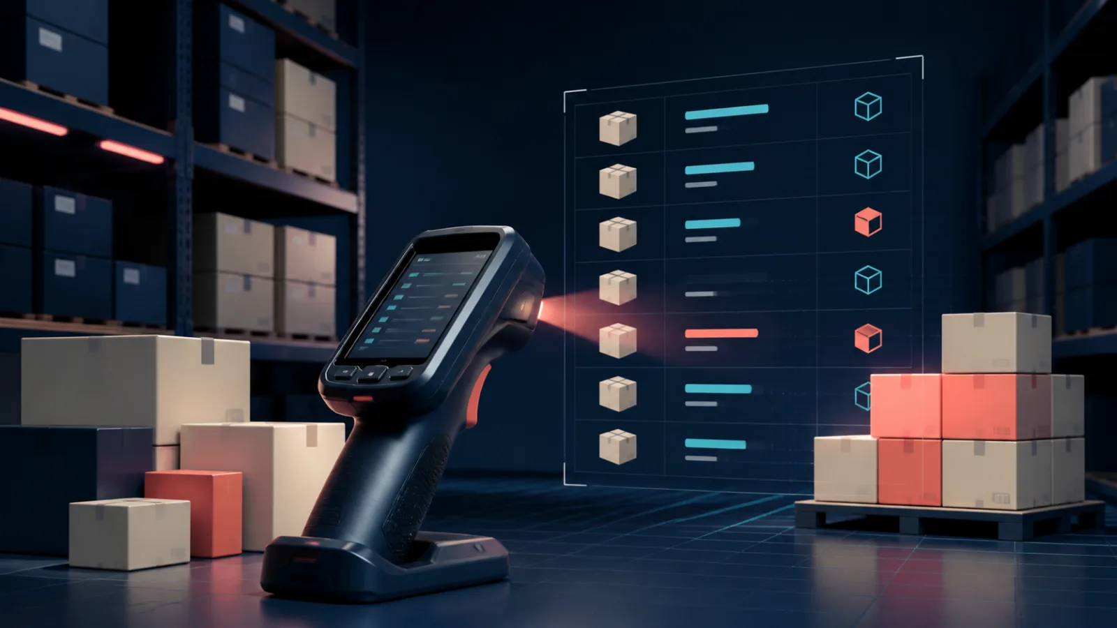 A warehouse scanner comparing counted Shopify inventory with a digital stock ledger and highlighting discrepancies.
