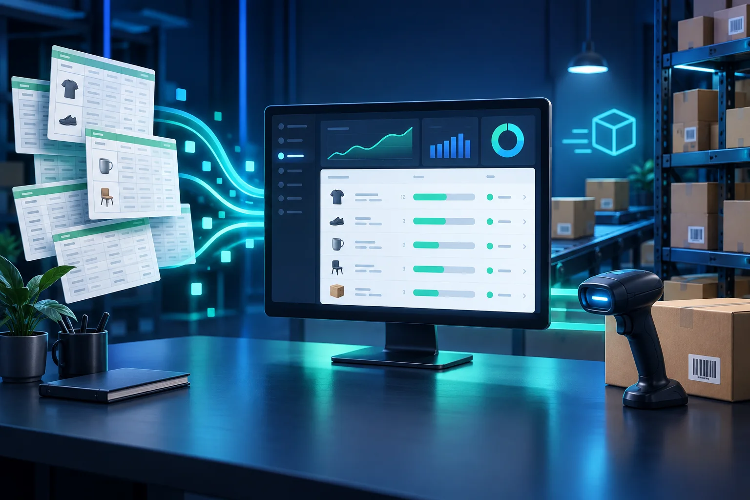 Inventory spreadsheets flow into a unified warehouse dashboard beside a barcode scanner.