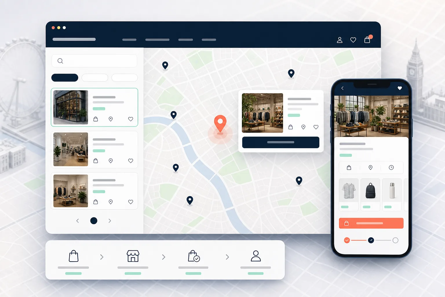 Shopify store locator interface showing UK locations, local product availability, and click-and-collect options.