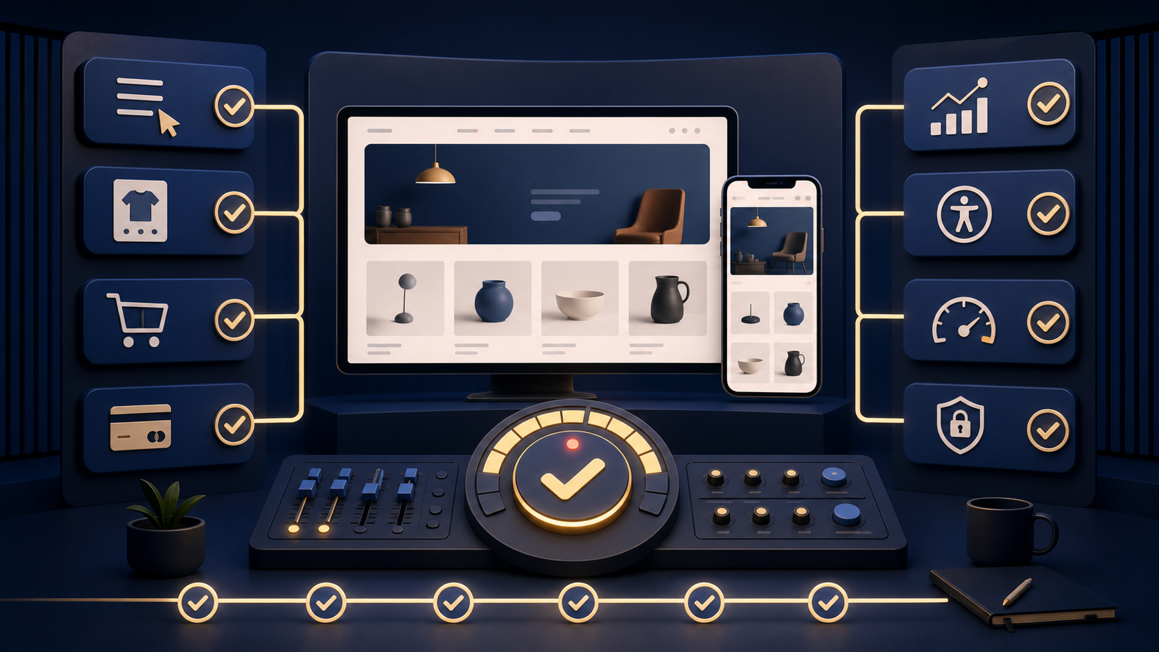 A Shopify ecommerce store being validated across storefront, checkout, analytics, accessibility, security and performance checkpoints.