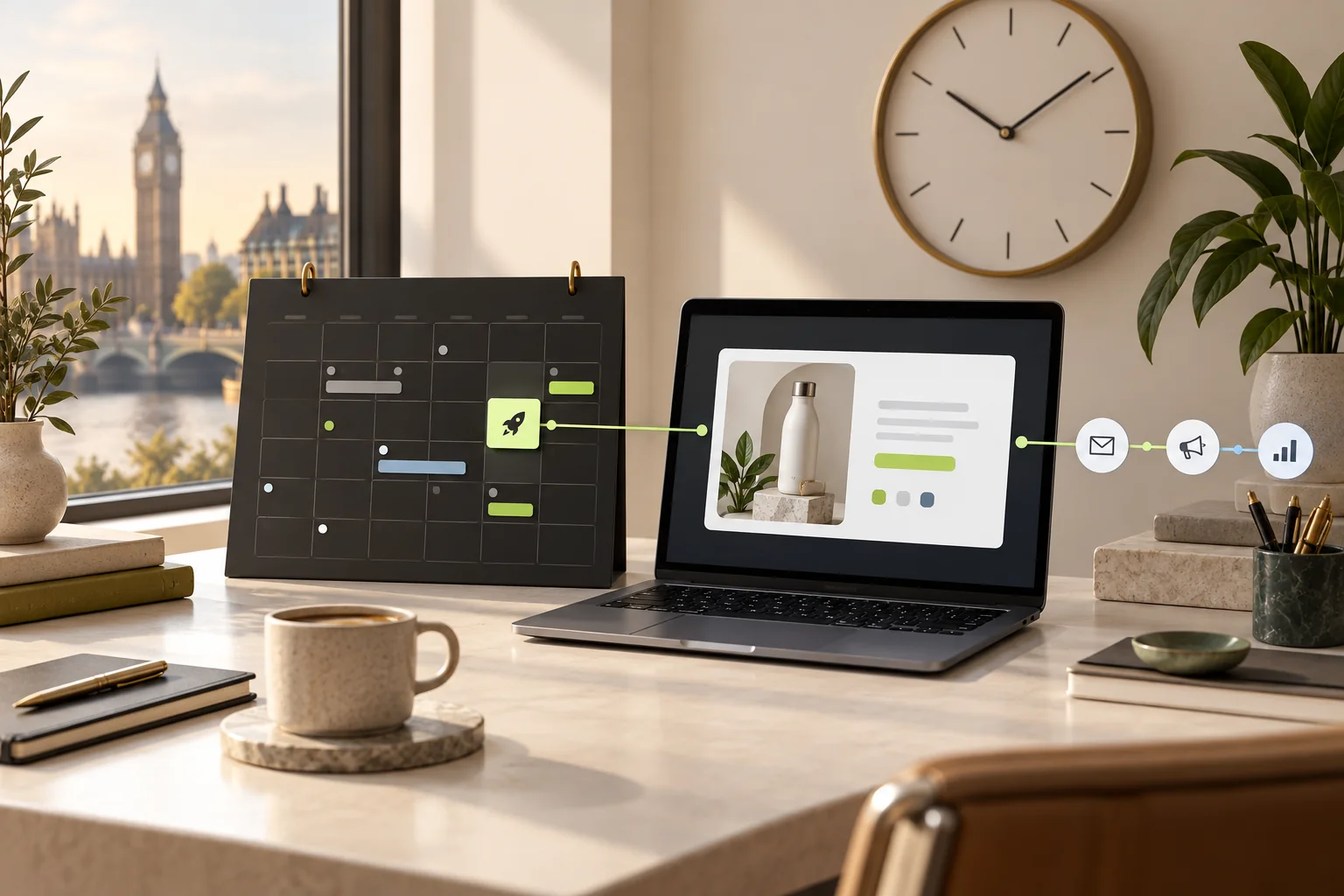 A London clock, calendar and product launch screen connect a UK ecommerce campaign schedule.