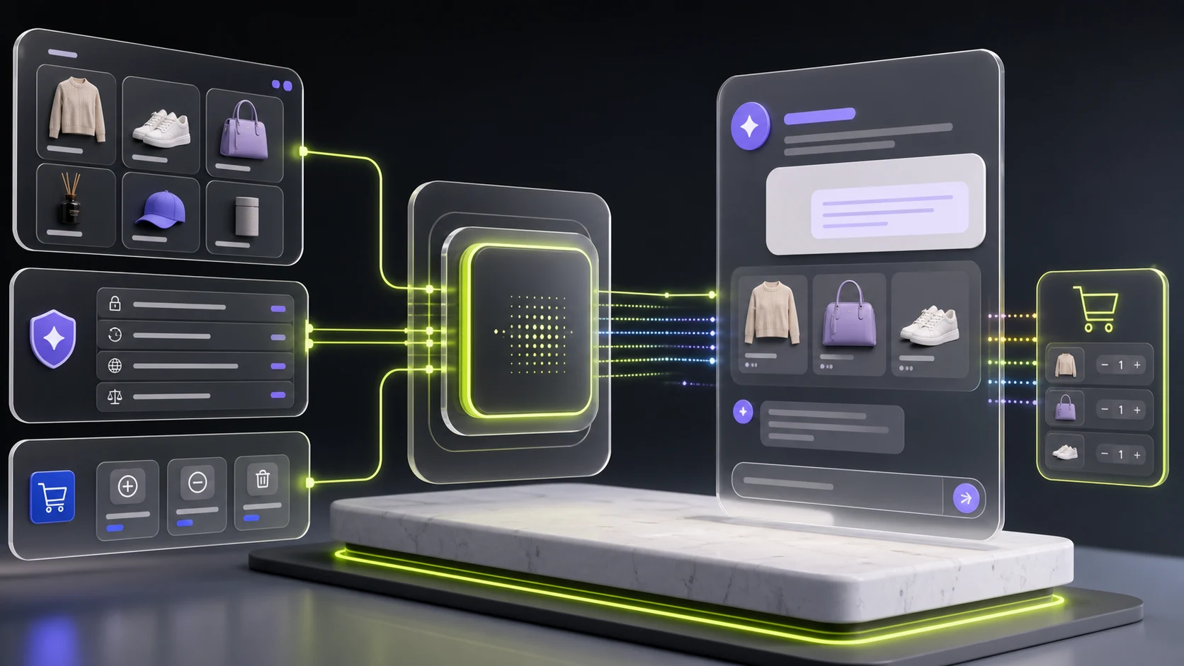 A secure protocol gateway connecting ecommerce catalogue, policies, cart operations, and an AI shopping interface.