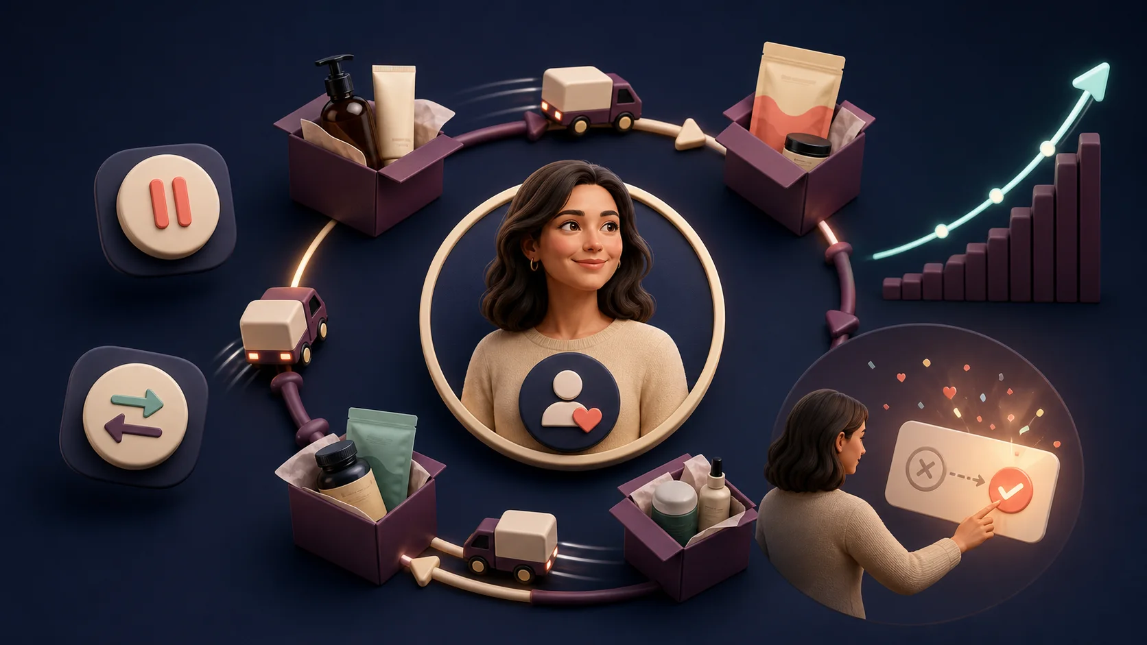StoreBuilt Shopify subscription app migration visual showing recurring deliveries, customer accounts, contract transfer, billing continuity, and renewal health.