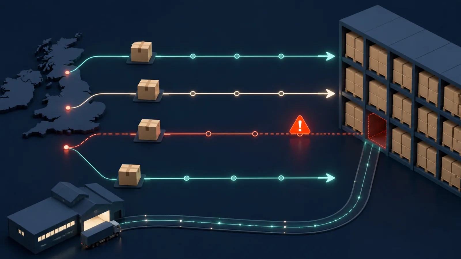 Inbound ecommerce stock travelling along supplier timelines of varying length toward a UK warehouse.